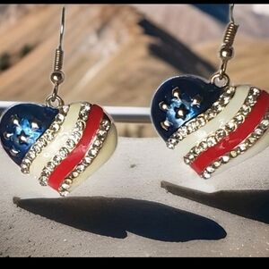 Austrian Crystal Enamel Patriotic Heart Flag Pierced Earrings
